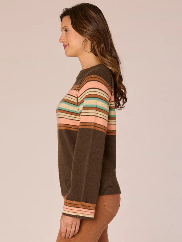 Cuffed Long Sleeve Stripe Mock Neck Sweater Brown Guava Multi
