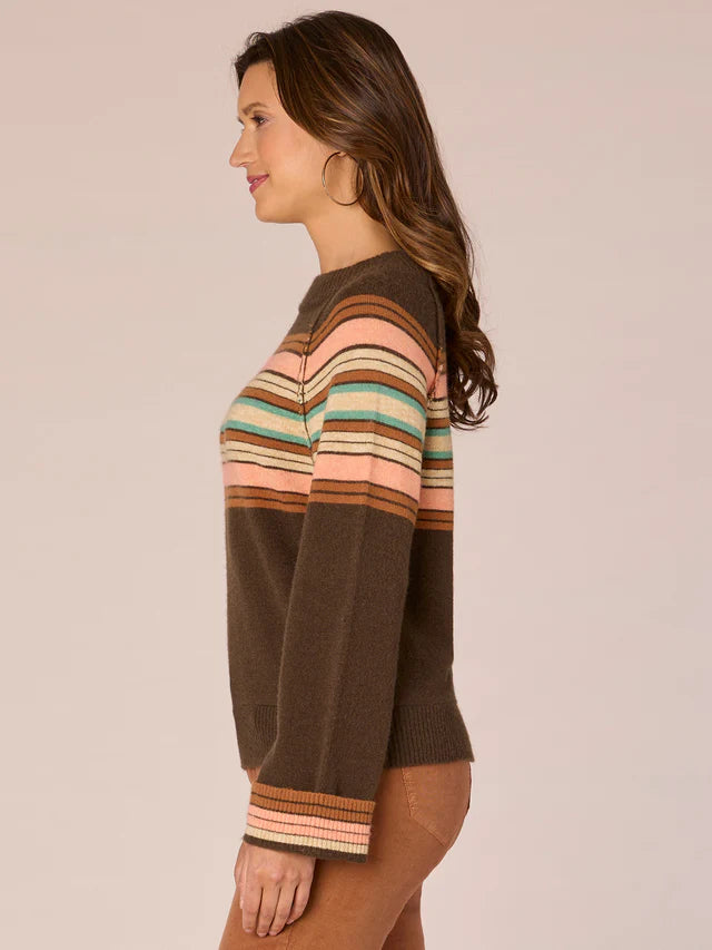 Cuffed Long Sleeve Stripe Mock Neck Sweater Brown Guava Multi