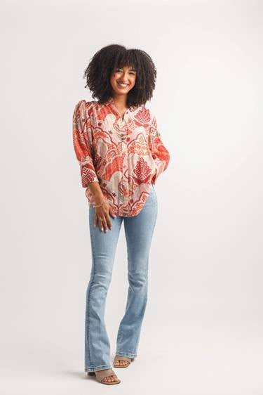 70's Paisley Floral Print Balloon Sleeve Shirt Pink