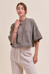 Mock Neck Short Sleeve Boxy Sweater Charcoal Brown