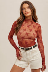 Mock Neck Lace Thumb Hole Sleeve Top Brick