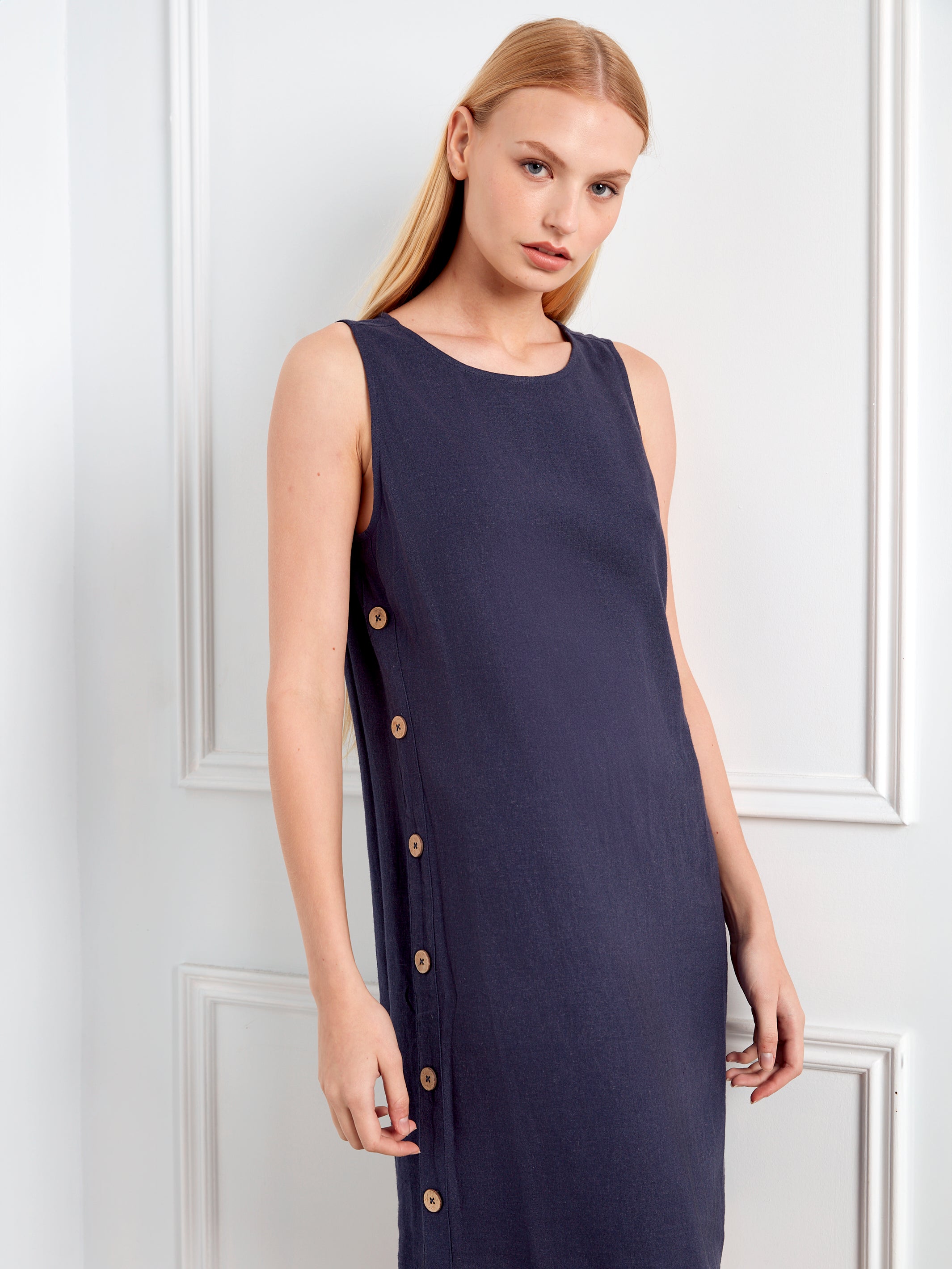 Solid Side Button Detail Sleeveless Shift Dress Navy