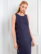 Solid Side Button Detail Sleeveless Shift Dress Navy