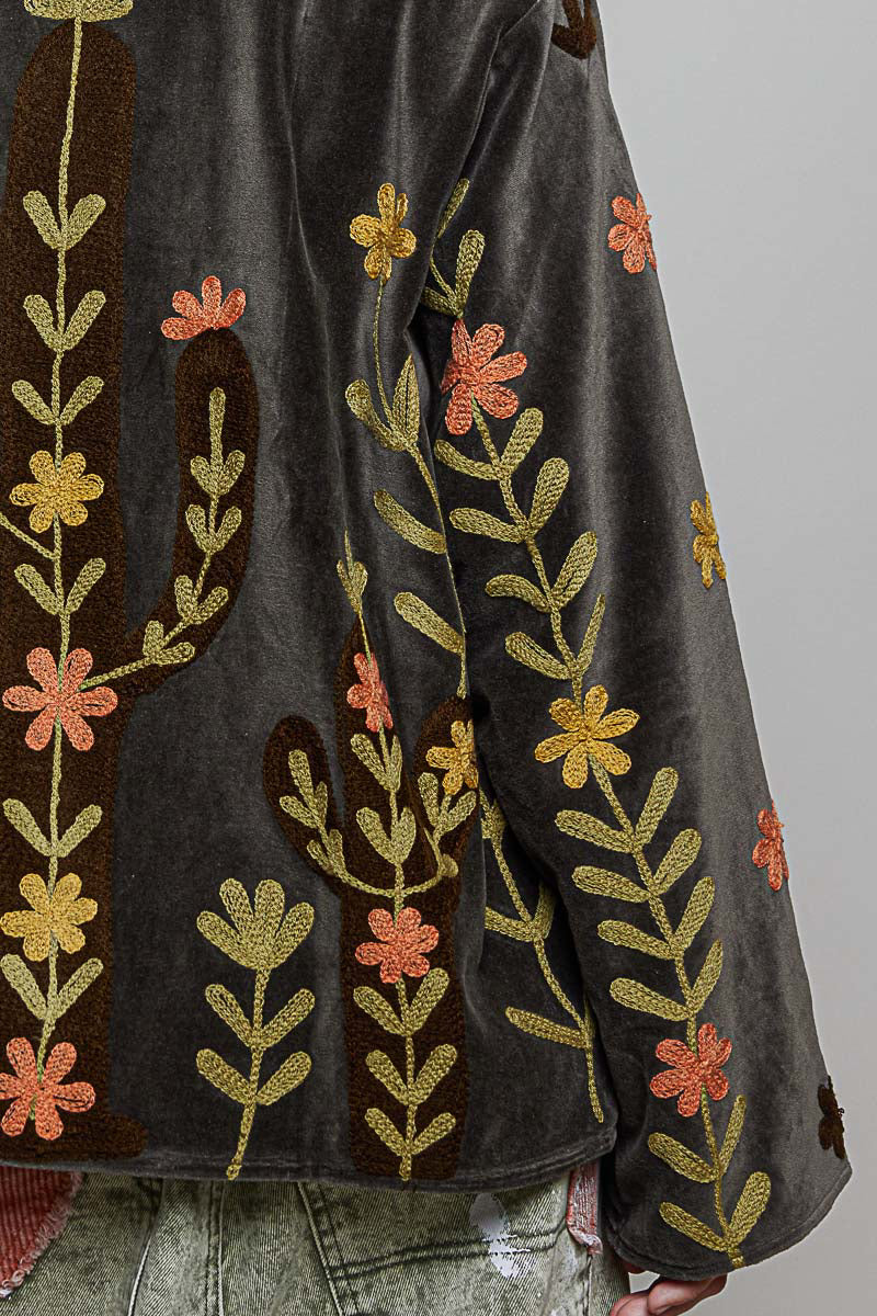 Embroidered Cactus Floral Velvet Jacket Charcoal
