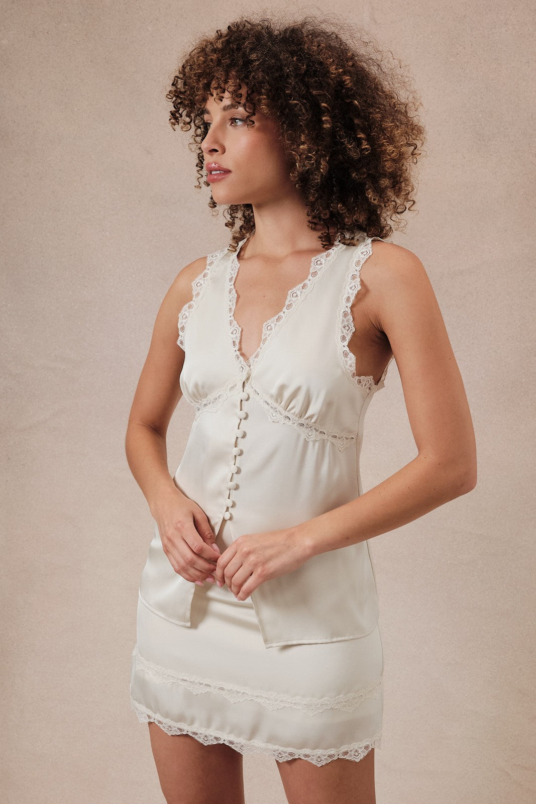Lace Applique Front Button Satin Tank Cream