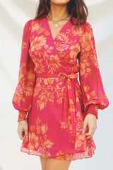 High Roller Long Sleeve Mini Wrap Dress Camellia Rose