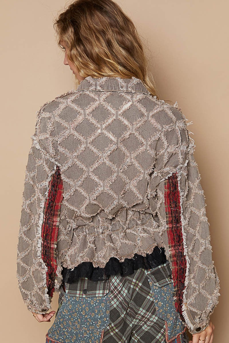Balloon Sleeve Plaid Contrast Ruffle Details Jacket Black Denim