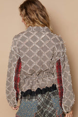 Balloon Sleeve Plaid Contrast Ruffle Details Jacket Black Denim