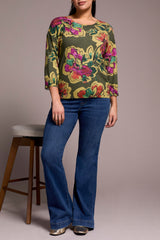 Floral Print 3/4 Sleeve Sweater Chive