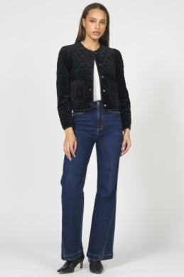 Snap Button Collarless Quilted Jacket Black Velvet