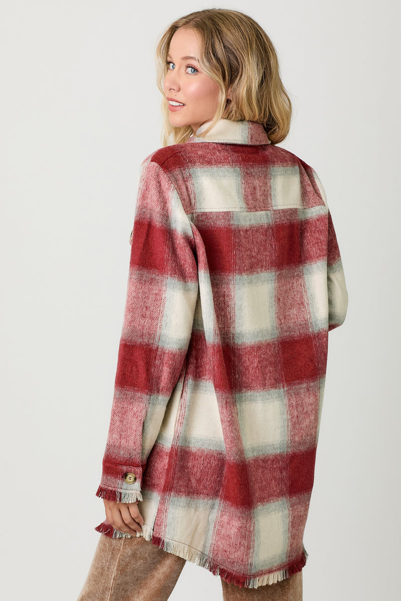 Frayed Hem Detail Long Plaid Jacket Red