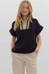 Crochet Edged Band Neckline Pullover Top Black