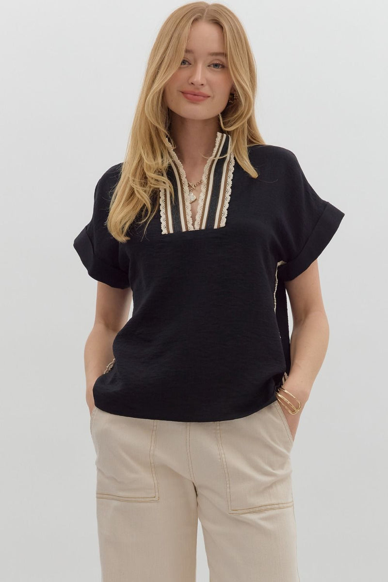 Crochet Edged Band Neckline Pullover Top Black