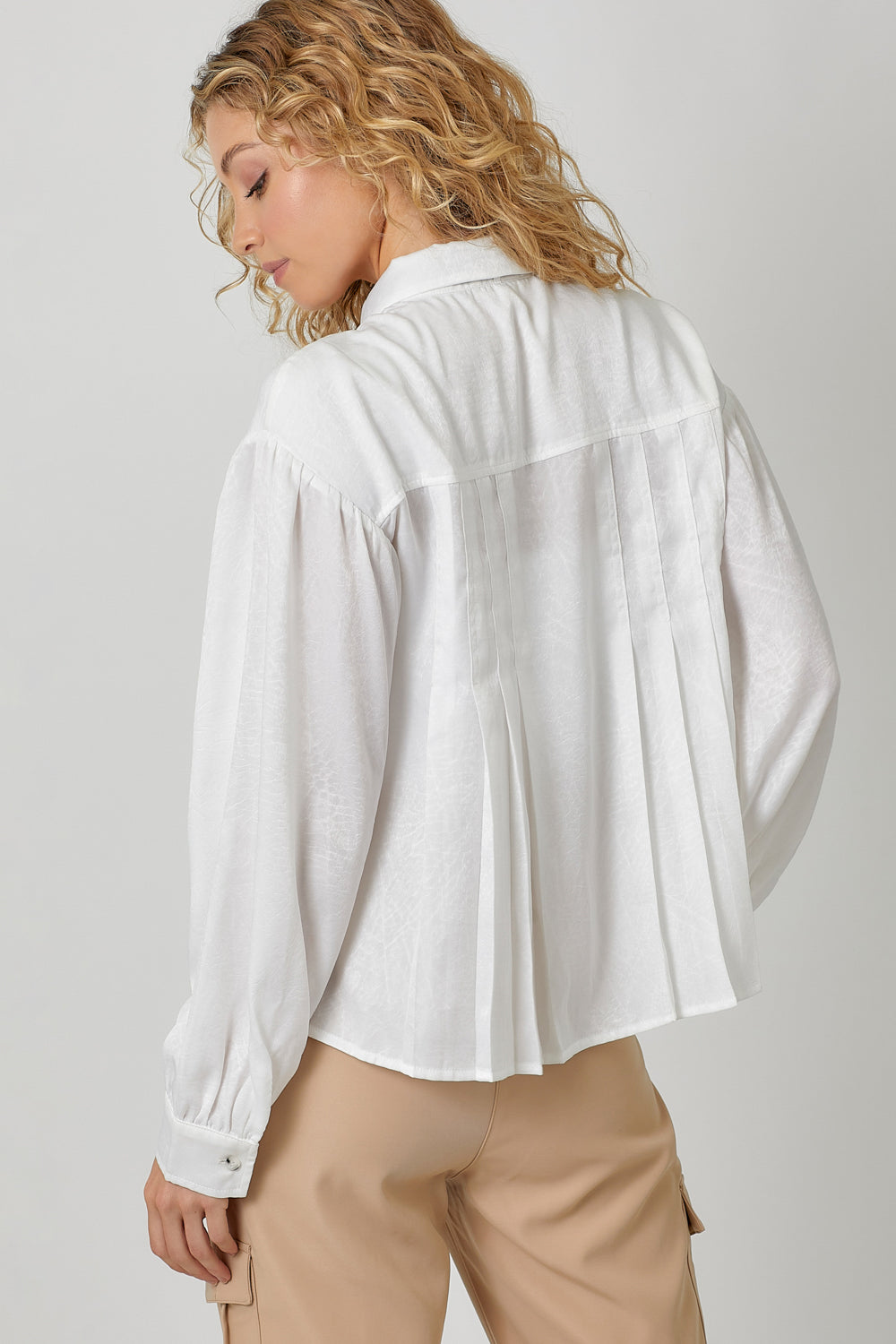 Detachable Tie Neck Pleated Satin Button Down Off White