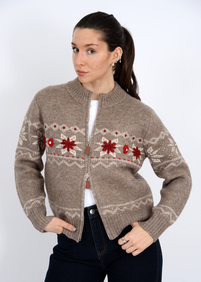 Nayeli Snowflake Print Zip Sweater Cardi Taupe