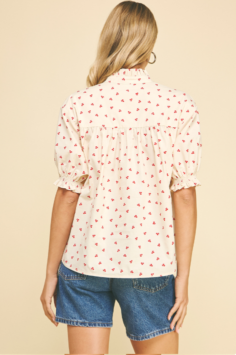 Ditsy Cherry Print Ruffled Half Sleeve Top Cream + Red