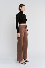 High Rise Double Waistband Wide Leg Denim Pants Cocoa