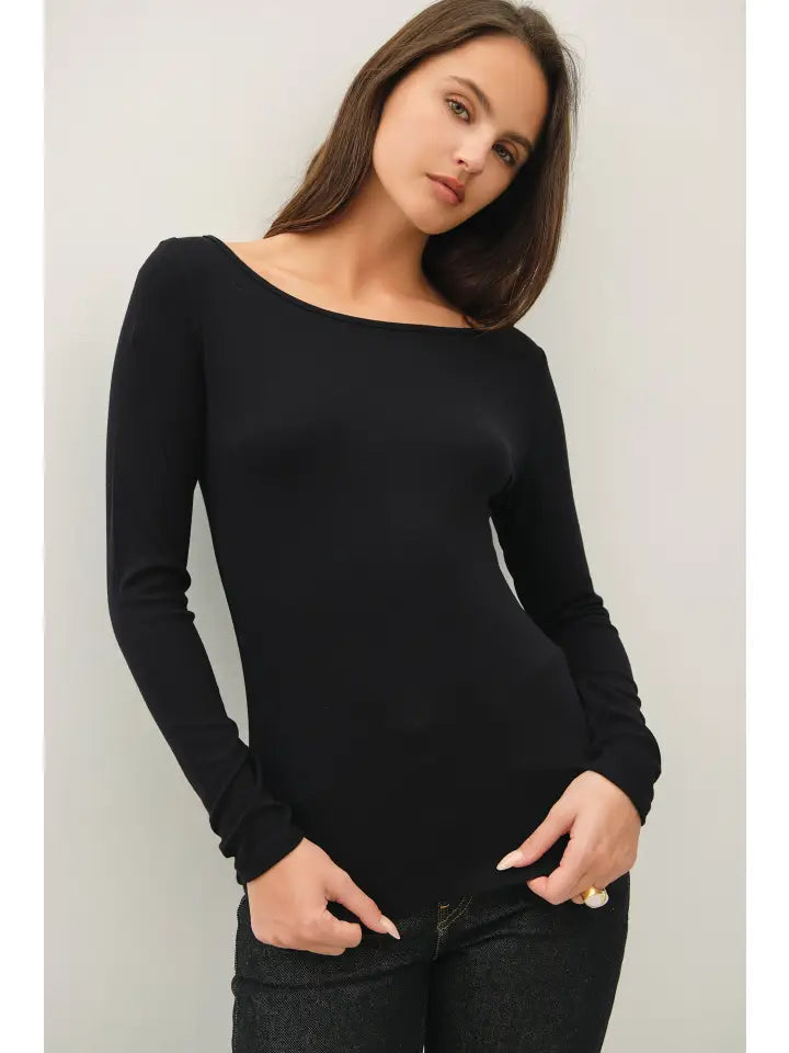 Ultra Soft Basic Boatneck Long Sleeve Tee Black