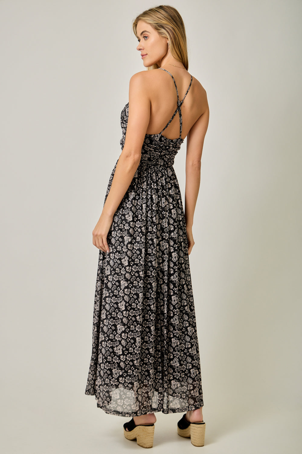 Criss Cross Back Mesh Floral Print Maxi Dress Black