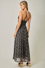 Criss Cross Back Mesh Floral Print Maxi Dress Black