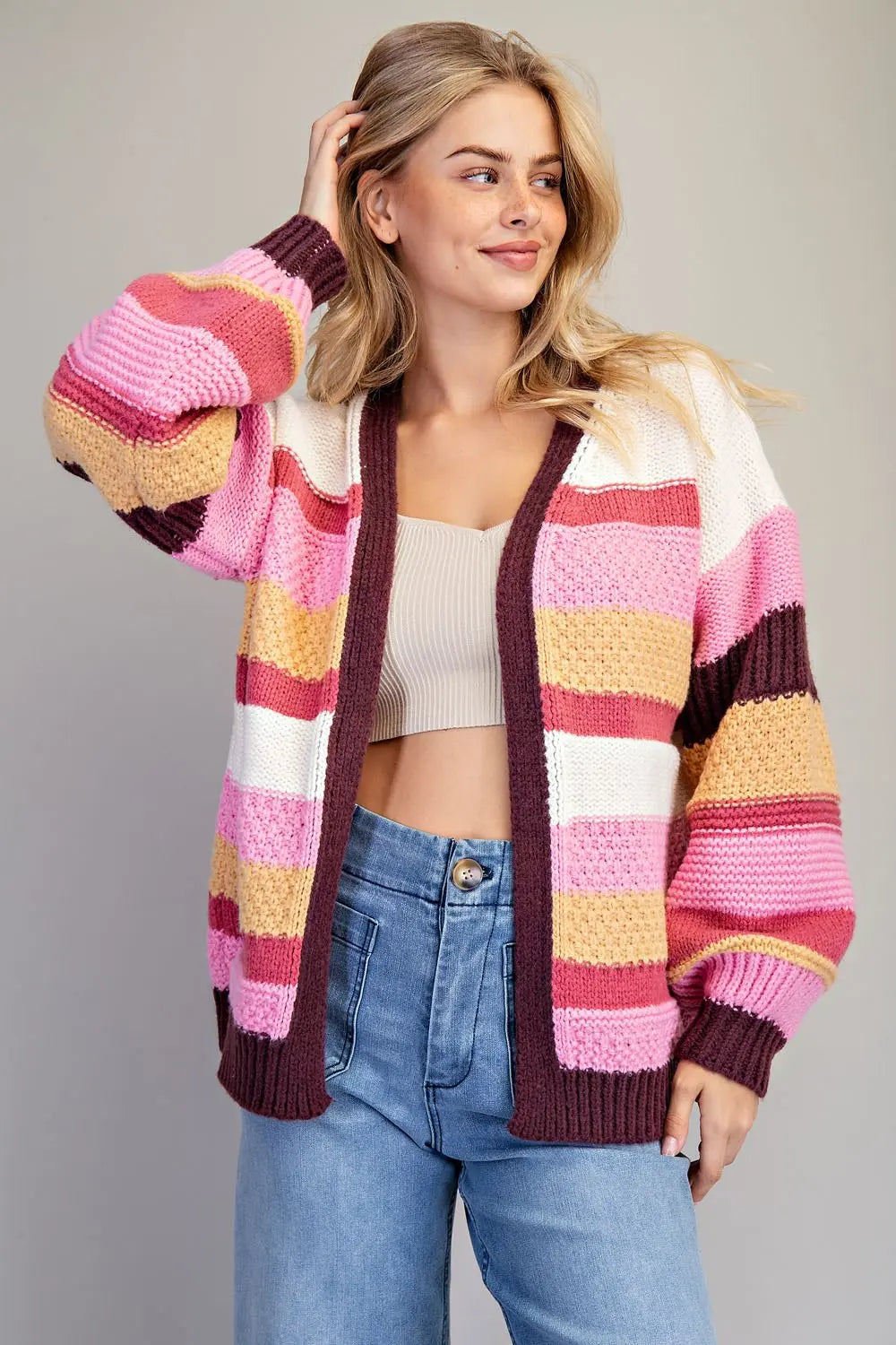 Multicolor Mix Knit Striped Long Sleeve Cardigan Berry Cookie