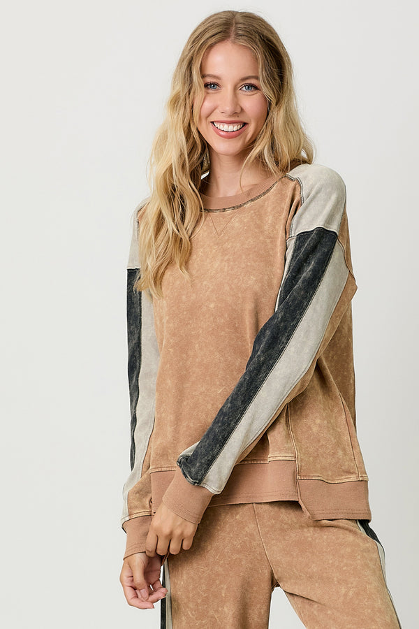 Washed Colorblock Crew Neck Terry Pullover