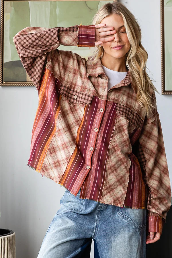 Washed Plaid Stripe Mixed Button Down Shirt Burgundy