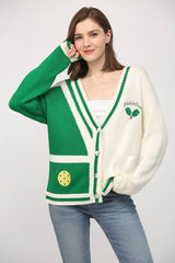 Pickleball Button Closure Cardigan Cream + Green