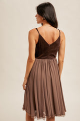 Lurex Velvet Contrast Chiffon Midi Dress Taupe