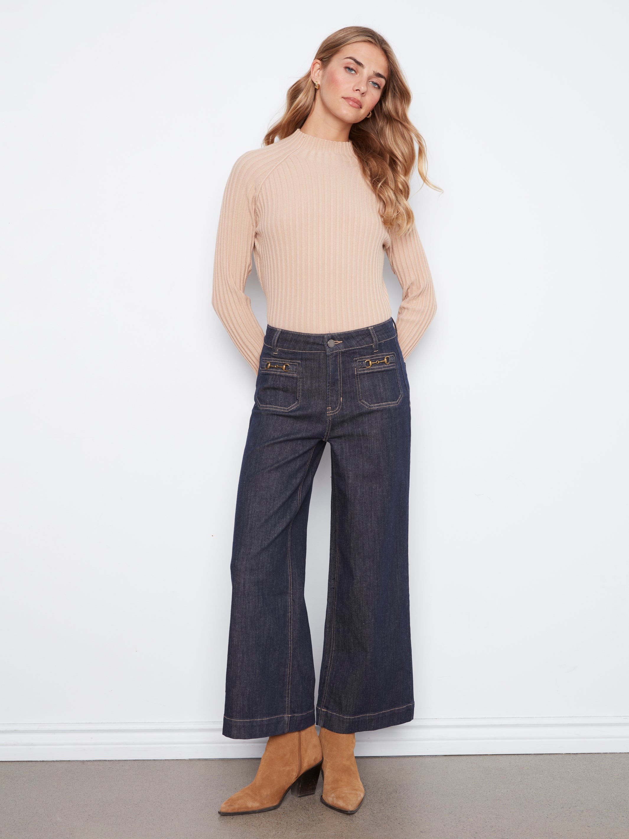 Horsebit Patch Pocket Wide Leg Jeans Deep Blue