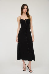 Button Down Front Tie Midi Dress Black