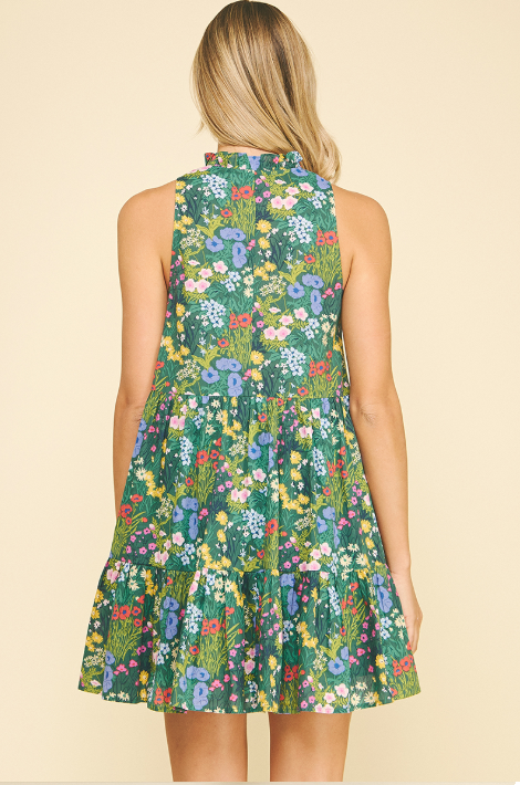 Garden Floral Ruffled Mock Neck Tiered Mini Dress Green Multi