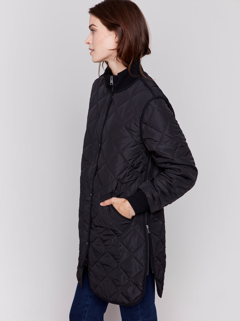 Long Quilted Pleather Jacket Black