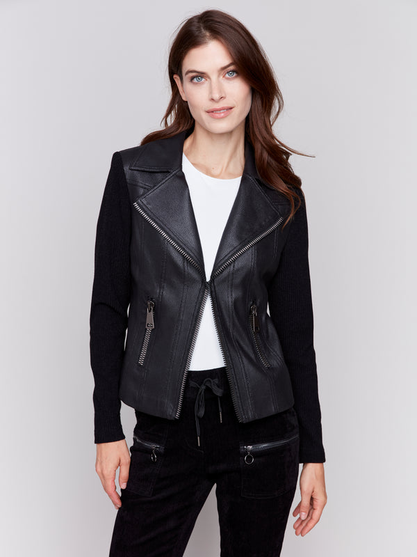 Vintage Leather Rib Knit Combo Perfecto Jacket Black