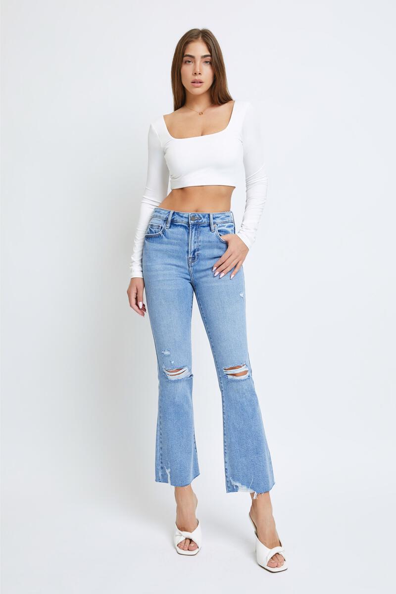 Happi Distressed Clean Cut Cropped Flare Light Wash