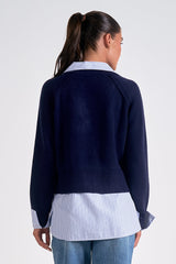Two Fer Layered Collared Shirt Sweater Navy Blue