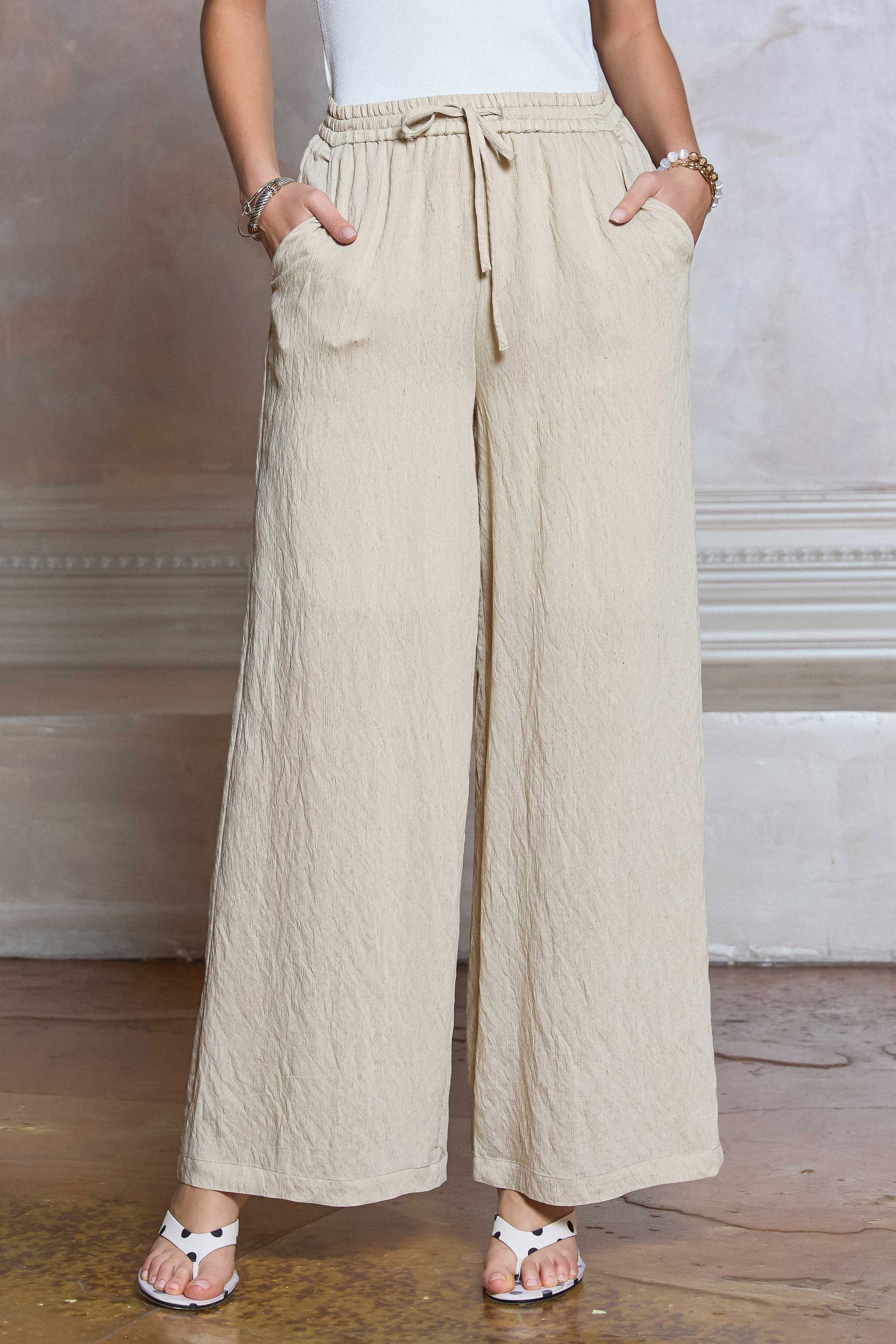 Crinkle Textured Drawstring Pants Natural