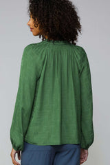 3/4 Sleeve Tonal Brush Print Split Neck Self Tie Blouse Leaf Green
