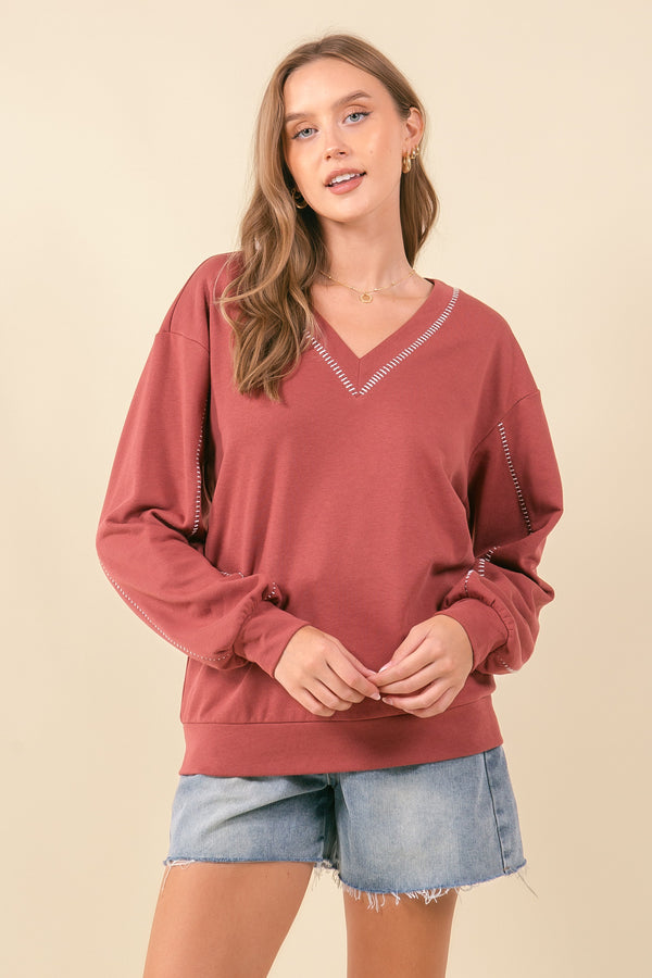 Whipstitched Details Vneck Sweatshirt