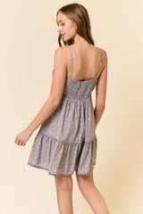 Geo Floral Rick Rack Trimmed Tiered Mini Dress Dusty Blue