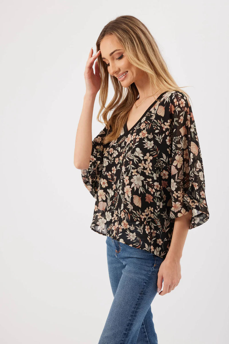 Opal Sheer Kimono Sleeve Top Black + Mustard Floral