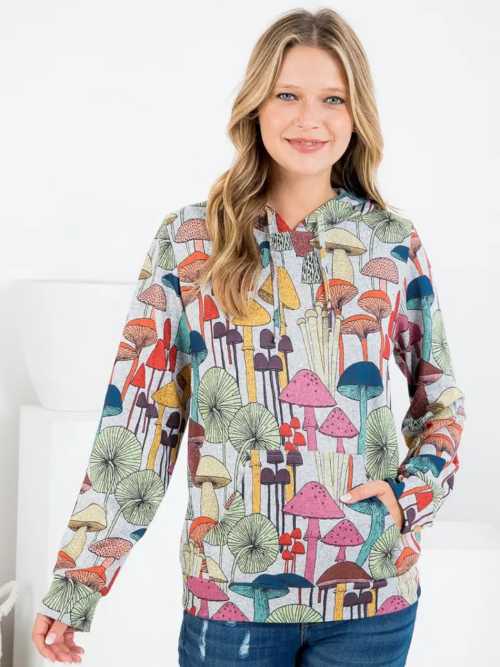 Whimsical Mushroom Print Hoodie with Pocket