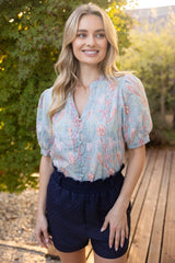 Embroidered Floral Print Detail Button Down Puff Sleeve Top Blue