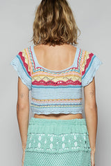 Stripe Crochet Ethnic Pattern Cropped Sweater Top Sky Blue Multi