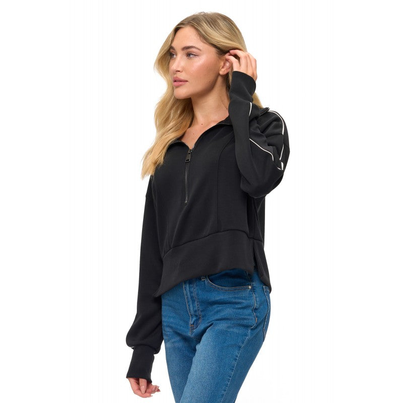 Zipper Detail Scuba Top W/Piping Black
