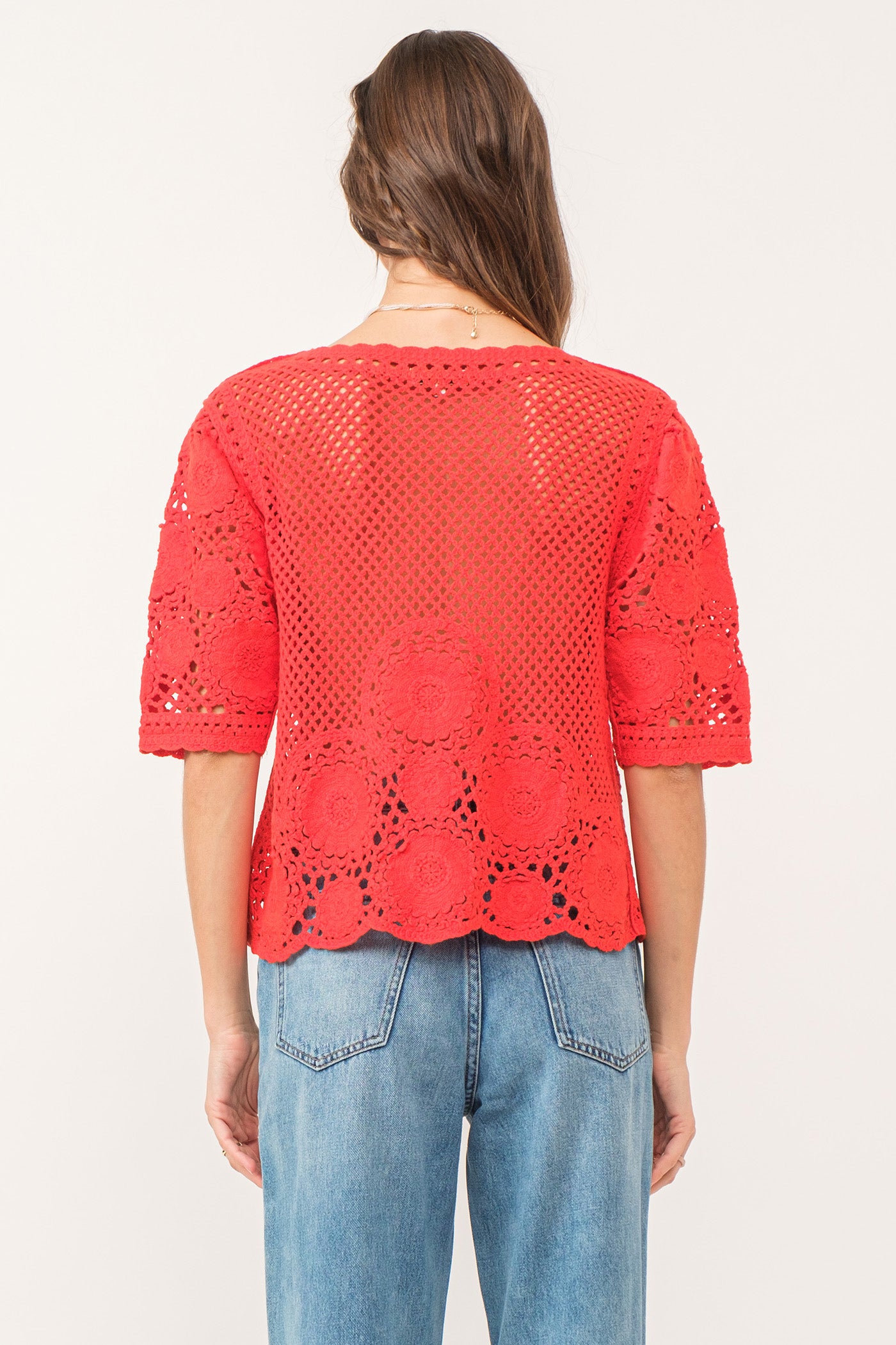Jamila Crochet Puff Sleeve Scallop Hem Top Pimento