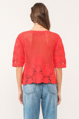 Jamila Crochet Puff Sleeve Scallop Hem Top Pimento