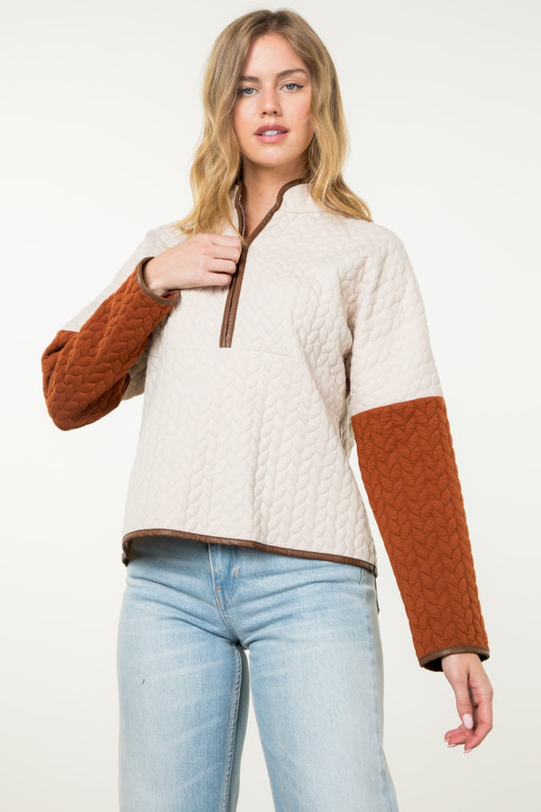 Cable Textured Colorblock Half Zip Pullover Beige