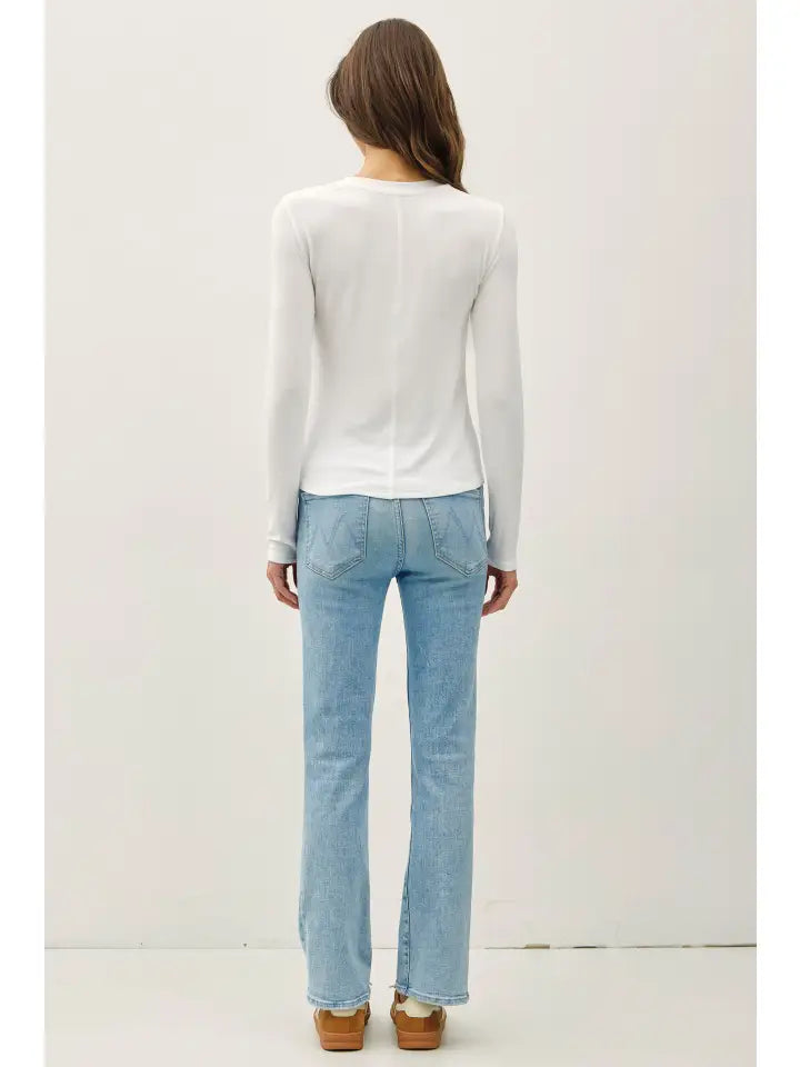 Ribbed Crew Neck Long Sleeve Basic Top White
