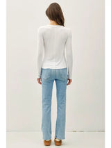 Ribbed Crew Neck Long Sleeve Basic Top White